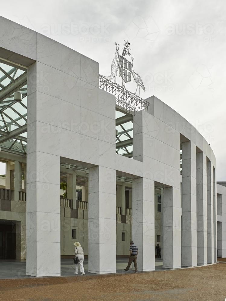 Entrance to Parliament House on overcast day - Australian Stock Image