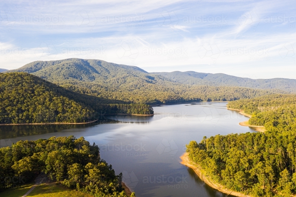 Eucalyptus landscape over Maroondah Reservoir - Australian Stock Image