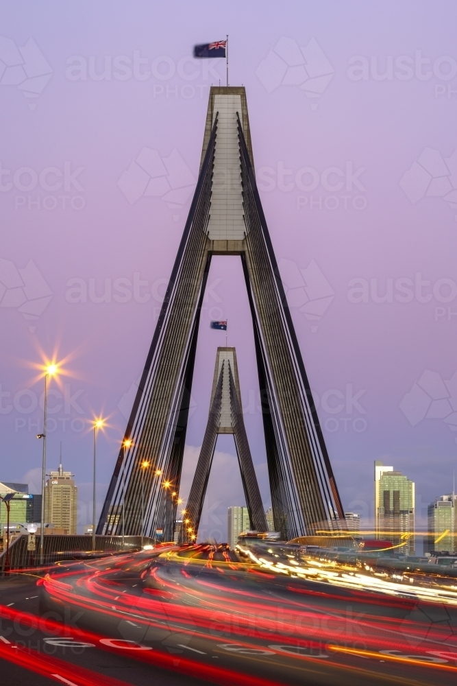Evening peak-hour traffic on the ANZAC Bridge in Sydney, NSW, Australia. - Australian Stock Image