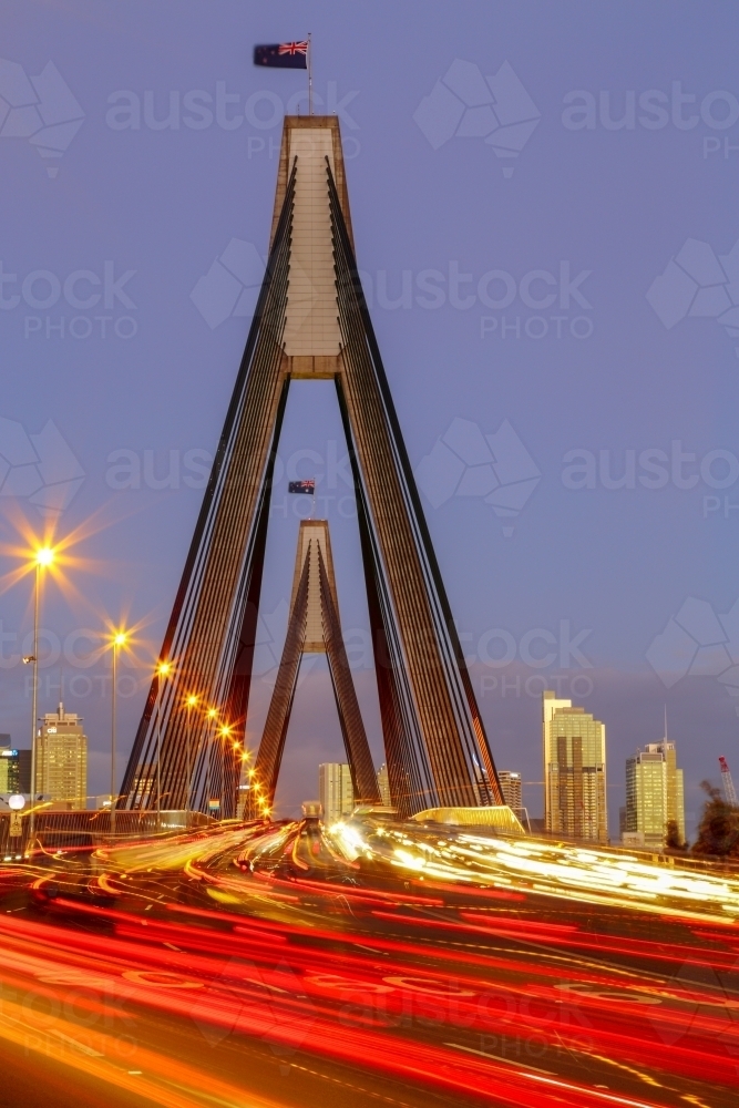 Evening peak-hour traffic on the ANZAC Bridge in Sydney, NSW, Australia. - Australian Stock Image