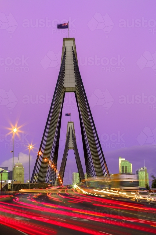 Evening peak-hour traffic on the ANZAC Bridge in Sydney, NSW, Australia. - Australian Stock Image