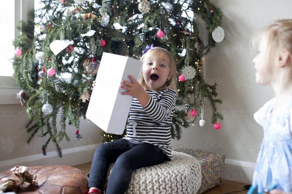 Excited young girl with present in front of Christmas tree - Australian Stock Image