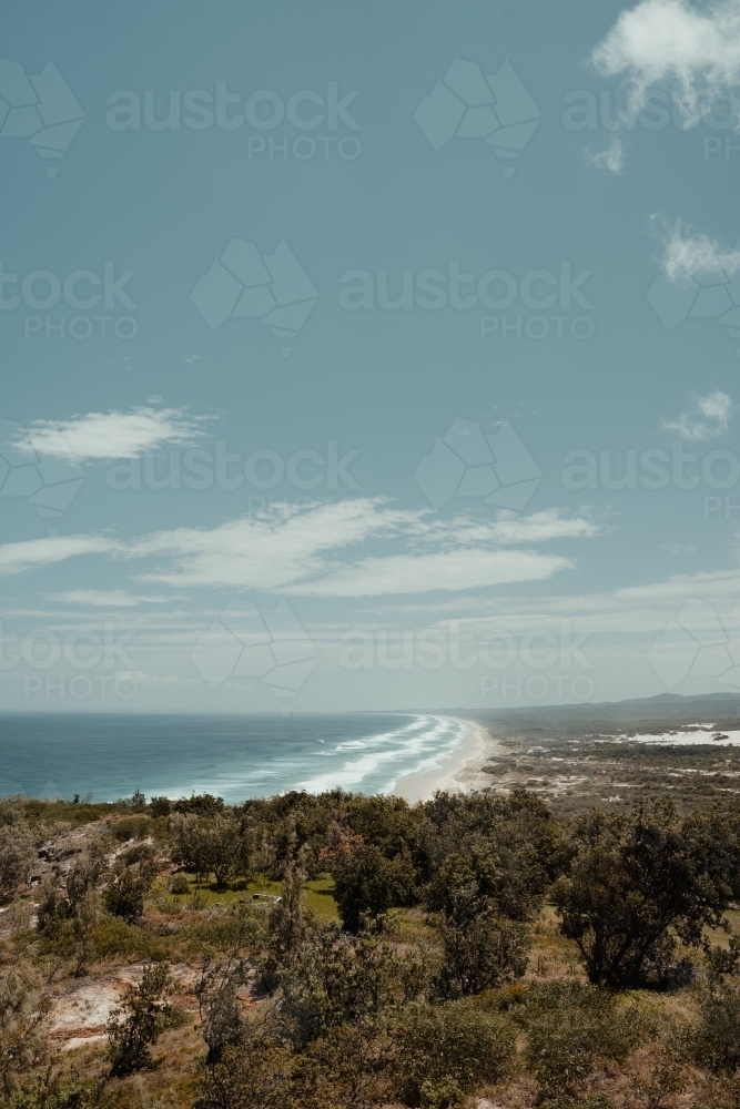 Expansive coastline view as seen from Cape Moreton Lighthouse - Australian Stock Image