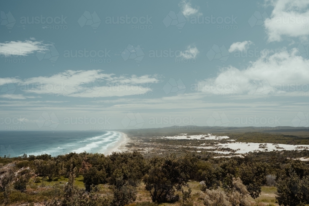 Expansive coastline view as seen from Cape Moreton Lighthouse - Australian Stock Image