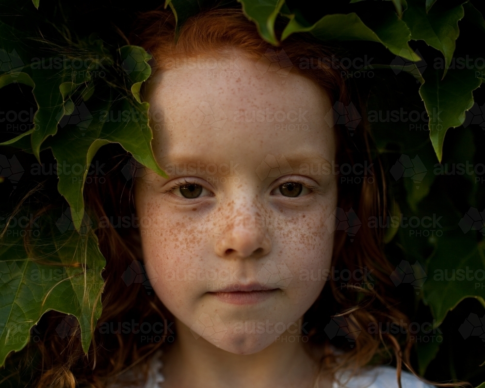 Face of a young girl hidden in leaves of a bush - Australian Stock Image