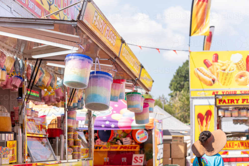 Fairy Floss hanging from trailer, for sale at Royal Show - Australian Stock Image