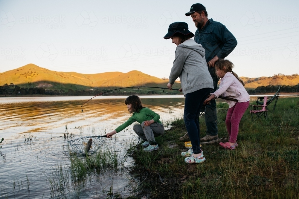 Family fishing at Lake Eildon, netting a carp - Australian Stock Image