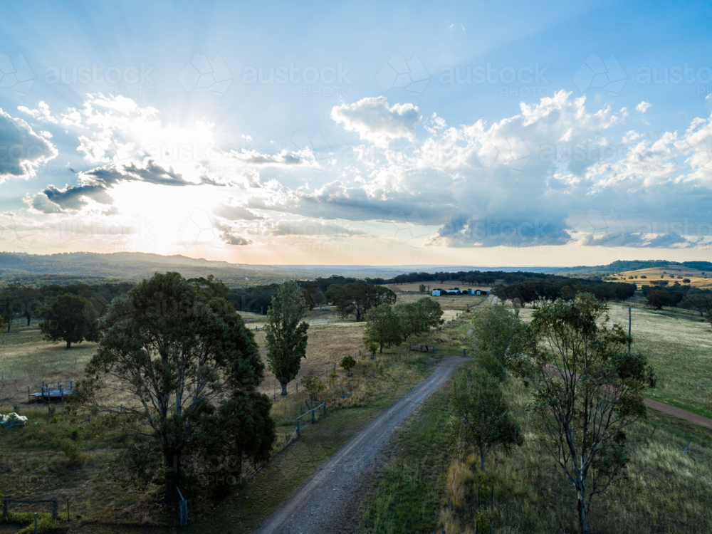 Farm driveway in soft light at the end of the day in country Australia - Australian Stock Image