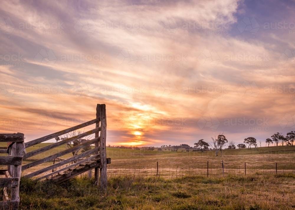 Farm fence and cattle ramp at sunset - Australian Stock Image