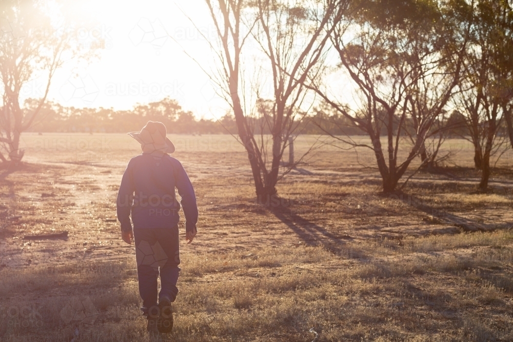 Farm kid backlit walking into dry brown paddock - Australian Stock Image