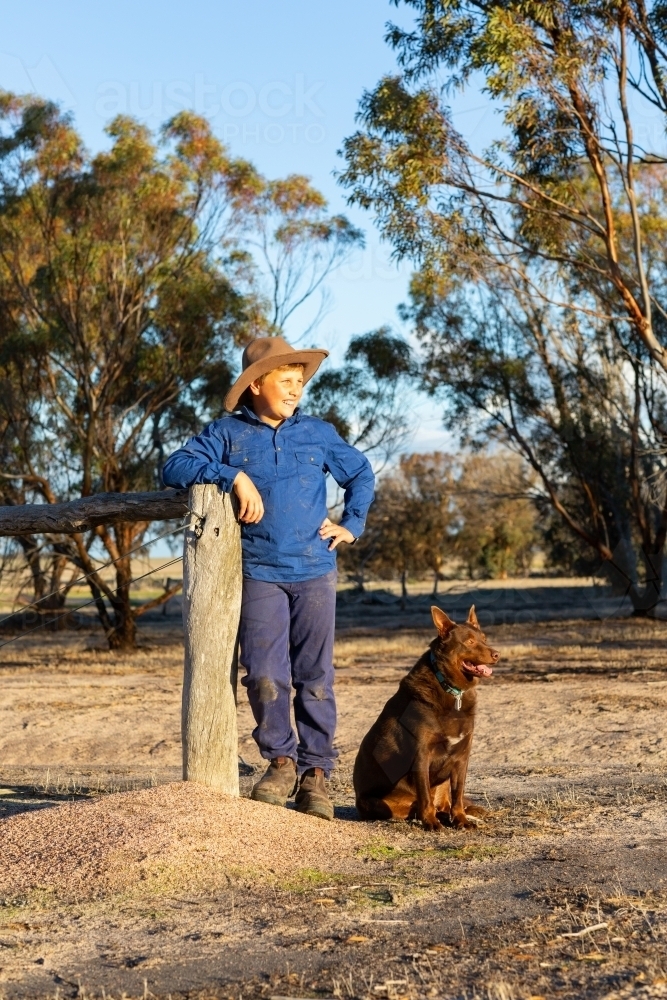 farm kid leaning on fencepost with his red kelpie dog - Australian Stock Image
