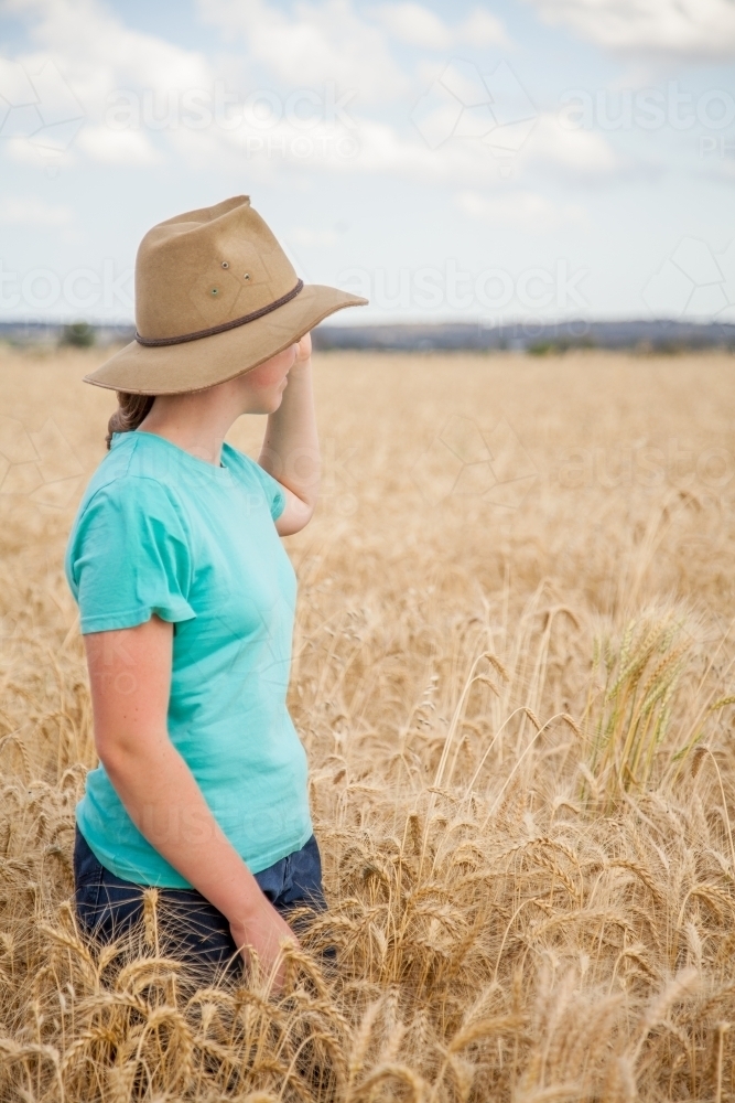 Farm kid looking into the distance in a paddock of bearded wheat crop on a farm - Australian Stock Image