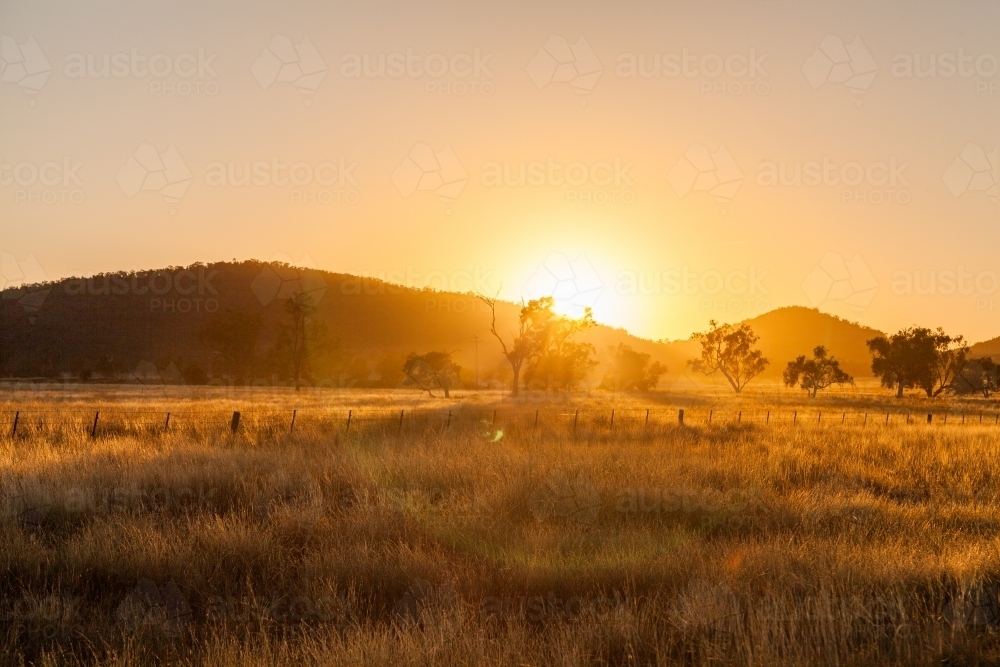 Farm landscape in the morning with light shining over paddock - Australian Stock Image