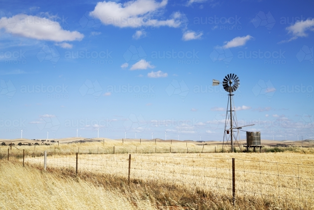 Farm windmill and tank with wind towers in the background - Australian Stock Image