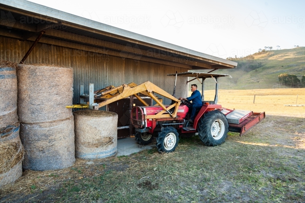 Farmer using forklift to move round hay bales behind shed - Australian Stock Image