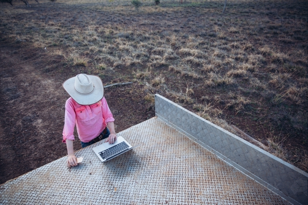 Farmer using laptop in tray of vehicle - Australian Stock Image