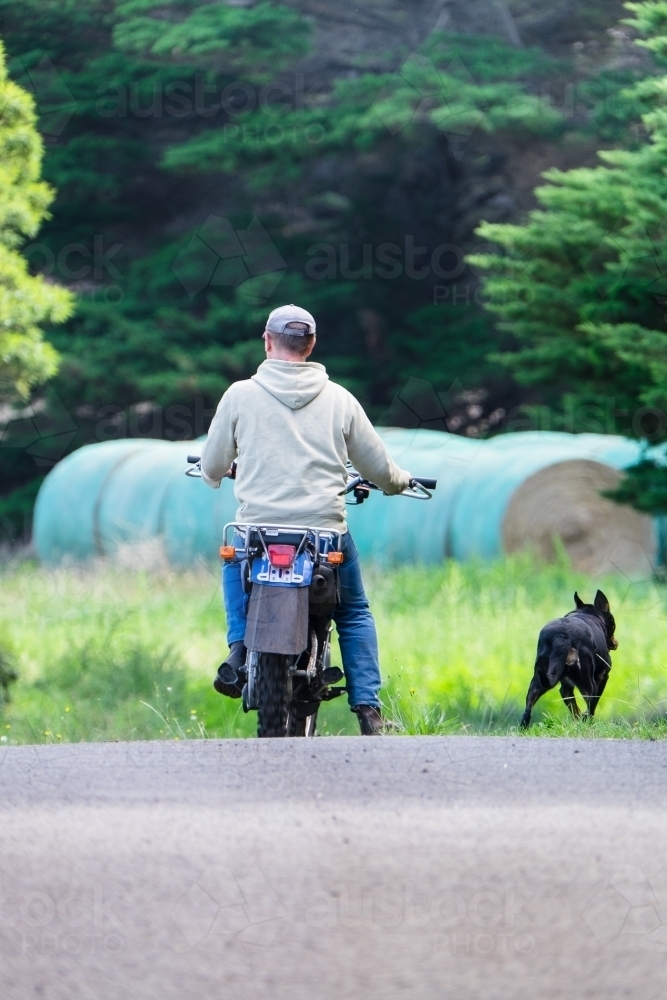 Farmer with working dog and motorbike - Australian Stock Image