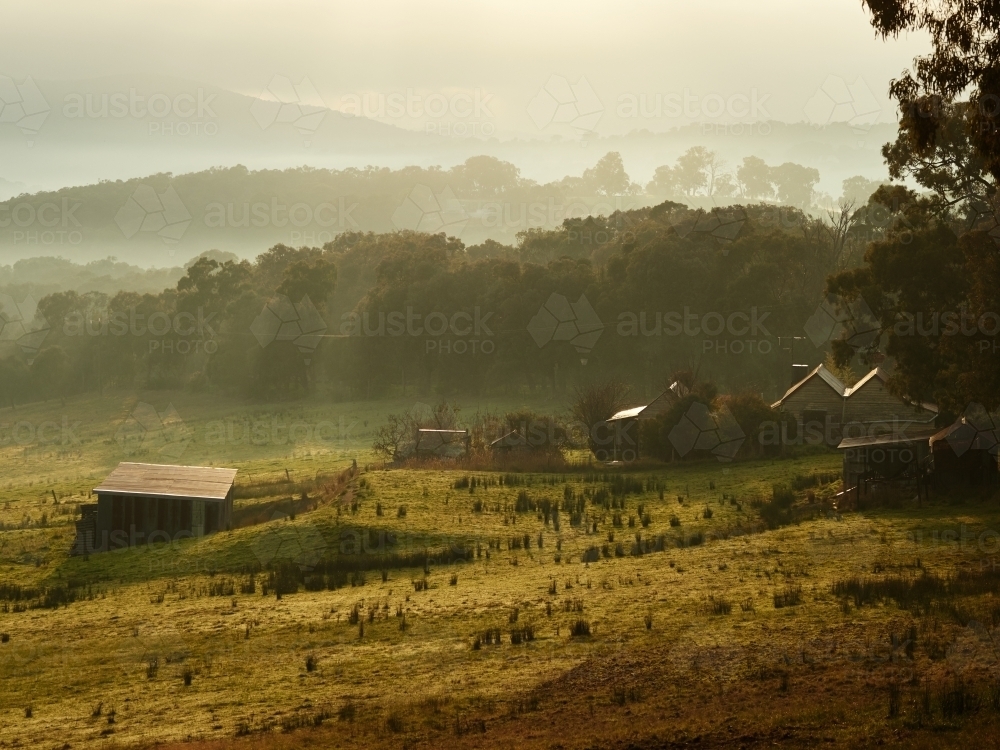 Farmhouse and Shed on Foggy Morning in Kangaroo Ground - Australian Stock Image