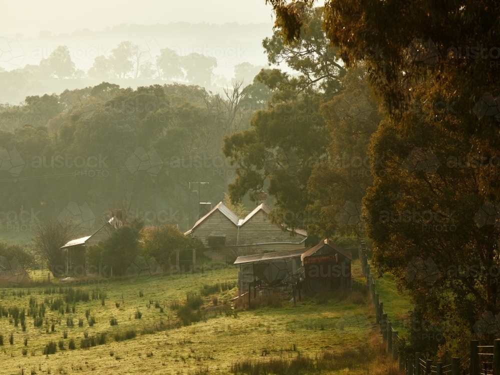 Farmhouse in Kangaroo Ground on Foggy Morning - Australian Stock Image