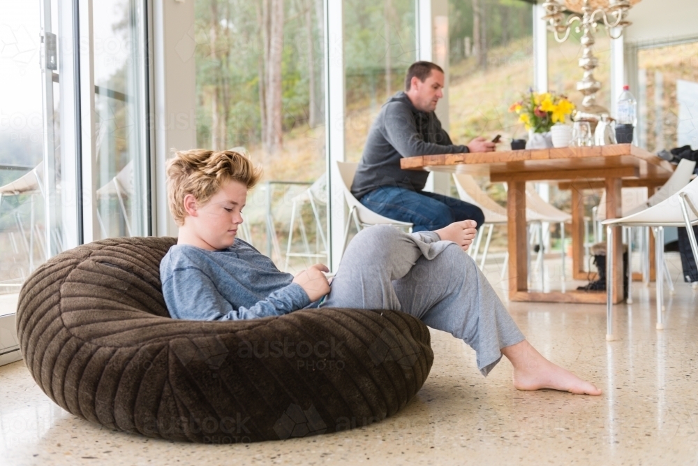 father and son both on phones at home - Australian Stock Image