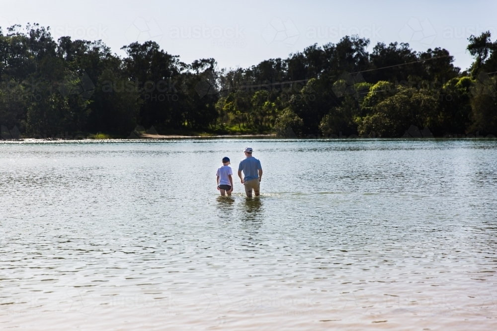 Father and son walking in water in lake reserve - Australian Stock Image