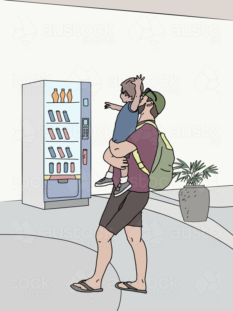 Father carrying young son in shopping centre - Australian Stock Image