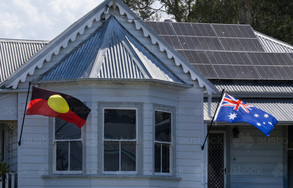 Federation home, corrugated iron roof with solar panels - Australian Stock Image