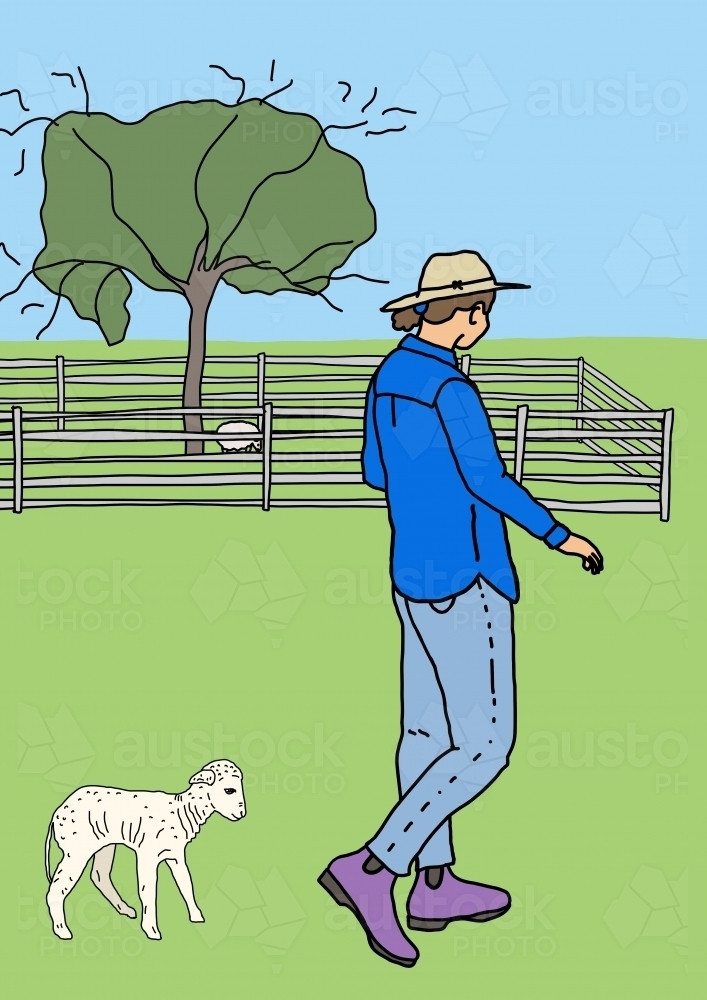 Female farmer wearing purple boots walks across green paddock with little white lamb following her - Australian Stock Image