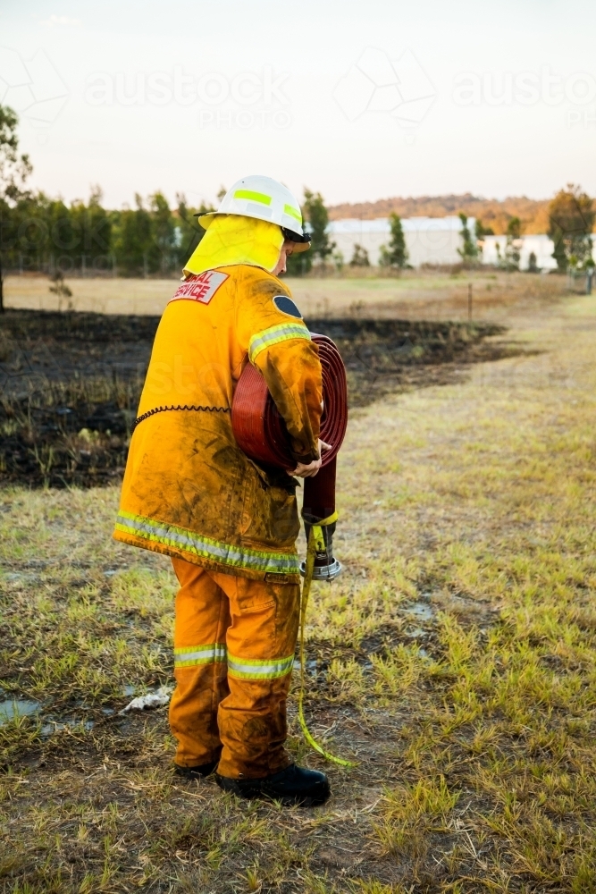 Female firefighter rolling up hose and packing it away after putting out small bushfire - Australian Stock Image