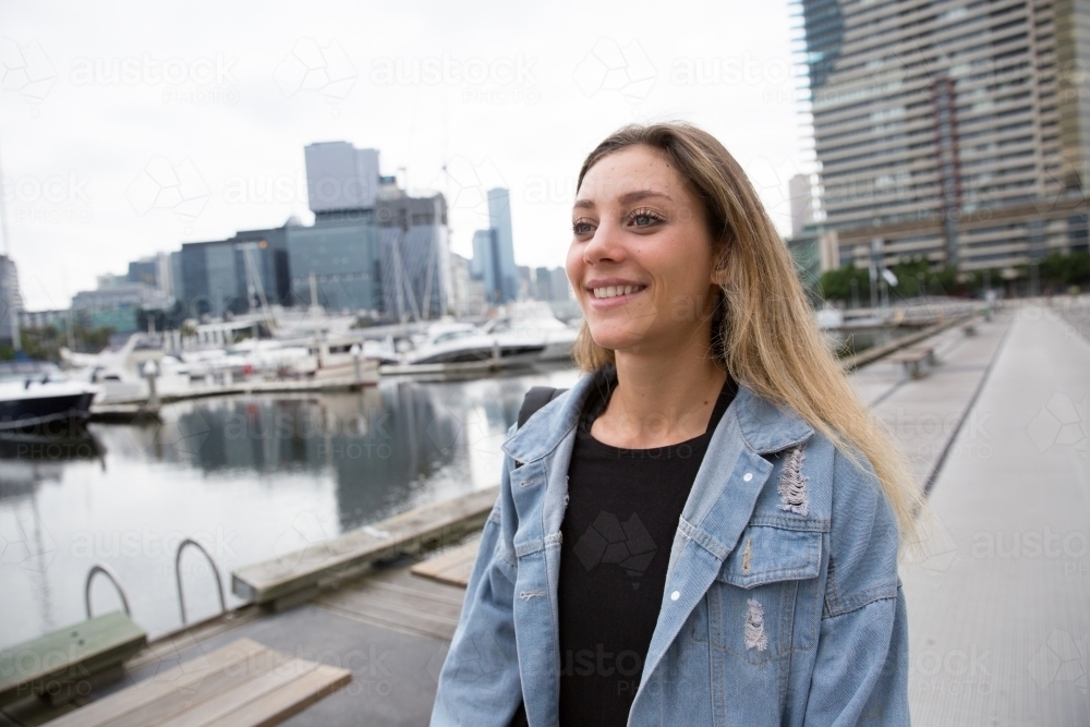 Female Tourist Exploring Southbank and South Wharf : Austockphoto Female Tourist Exploring Southbank and South Wharf - Australian Stock Image