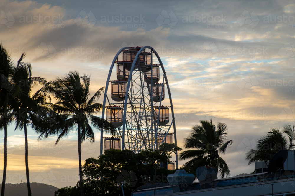 Ferris Wheel at Sunset with Palm Trees Silhouetted Against the Sky - Australian Stock Image