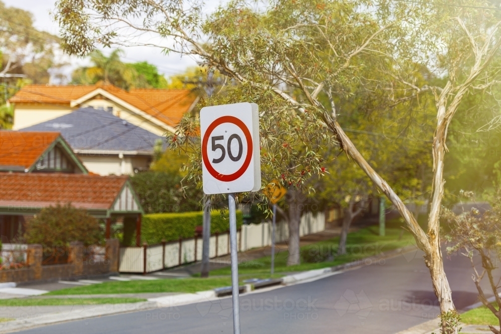 Fifty speed limit sign in suburbia - Australian Stock Image