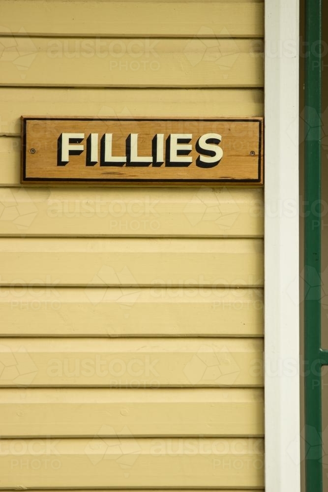Fillies toilet sign on the information center wall in scone - Australian Stock Image