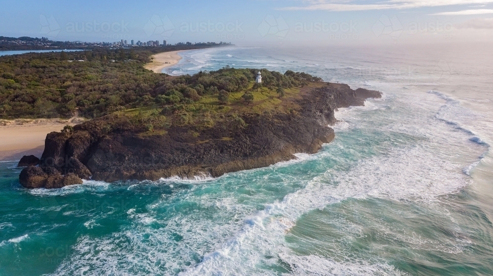 Fingal Head from Above with turbulent waves - Australian Stock Image