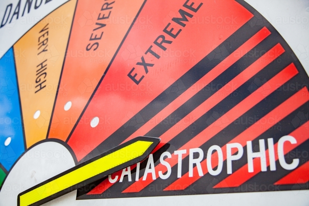 Fire danger rating needle on catastrophic - Australian Stock Image