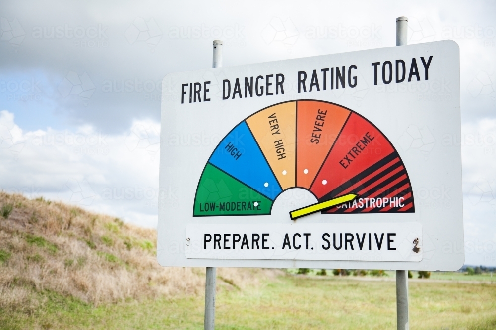 Fire danger rating sign on highest indication, catastrophic - Australian Stock Image