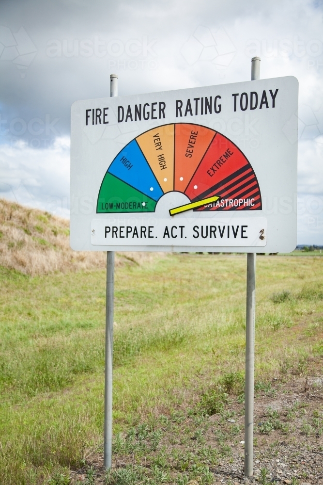 Fire danger rating sign on highest indication, catastrophic - Australian Stock Image