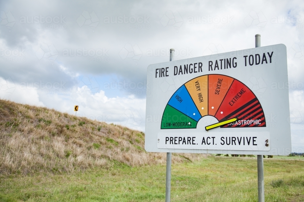 Fire danger rating sign on highest indication, catastrophic - Australian Stock Image