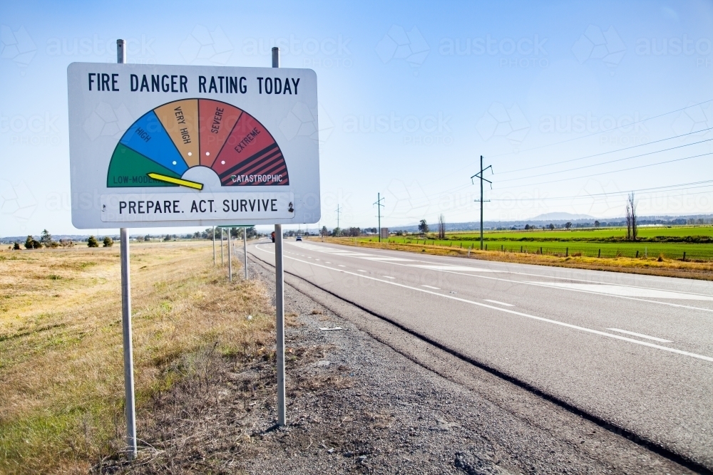 Fire danger rating today sign indicating low-moderate with dry grass prepare act survive - Australian Stock Image