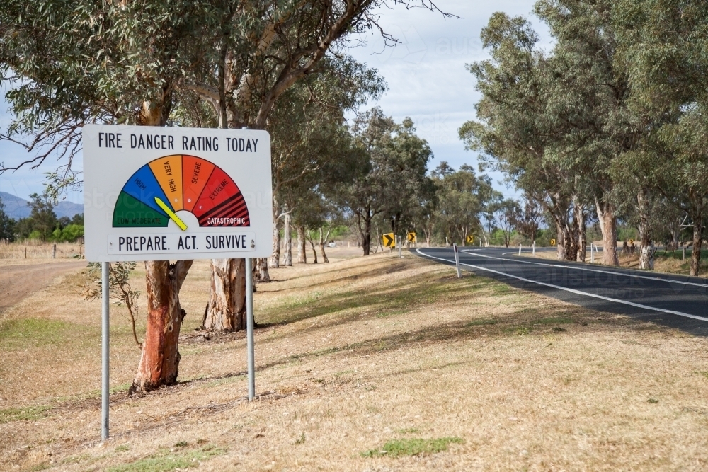 Fire danger rating today sign on high beside rural country road - Australian Stock Image