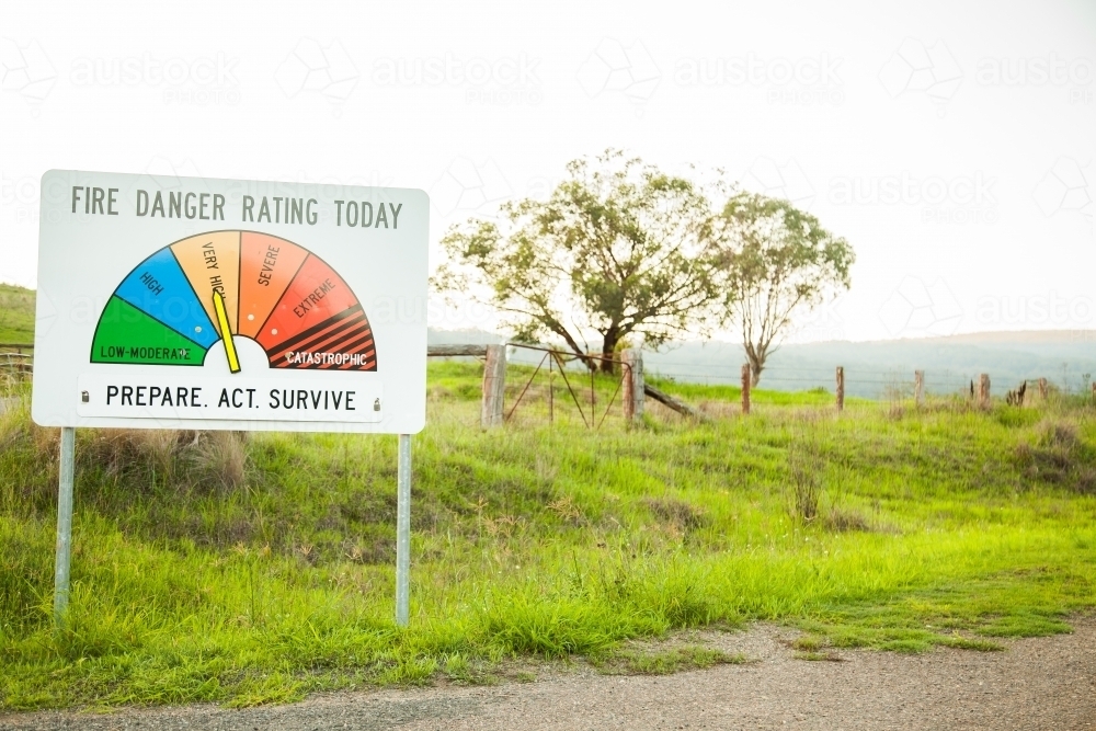 Fire danger rating today sign on very high prepare act survive - Australian Stock Image