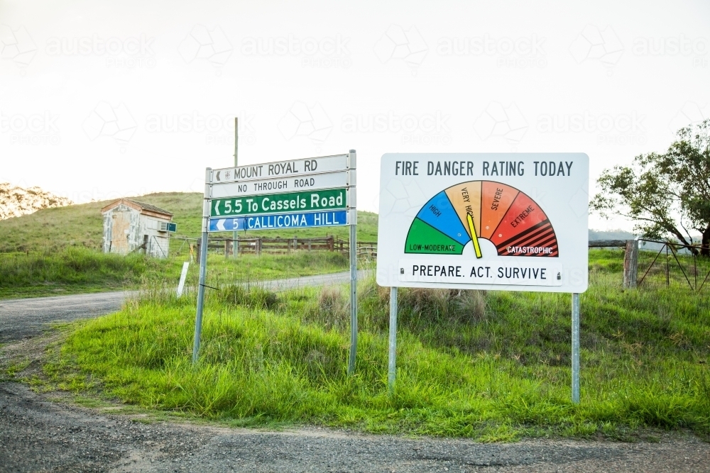 Fire danger rating today sign on very high prepare act survive - Australian Stock Image