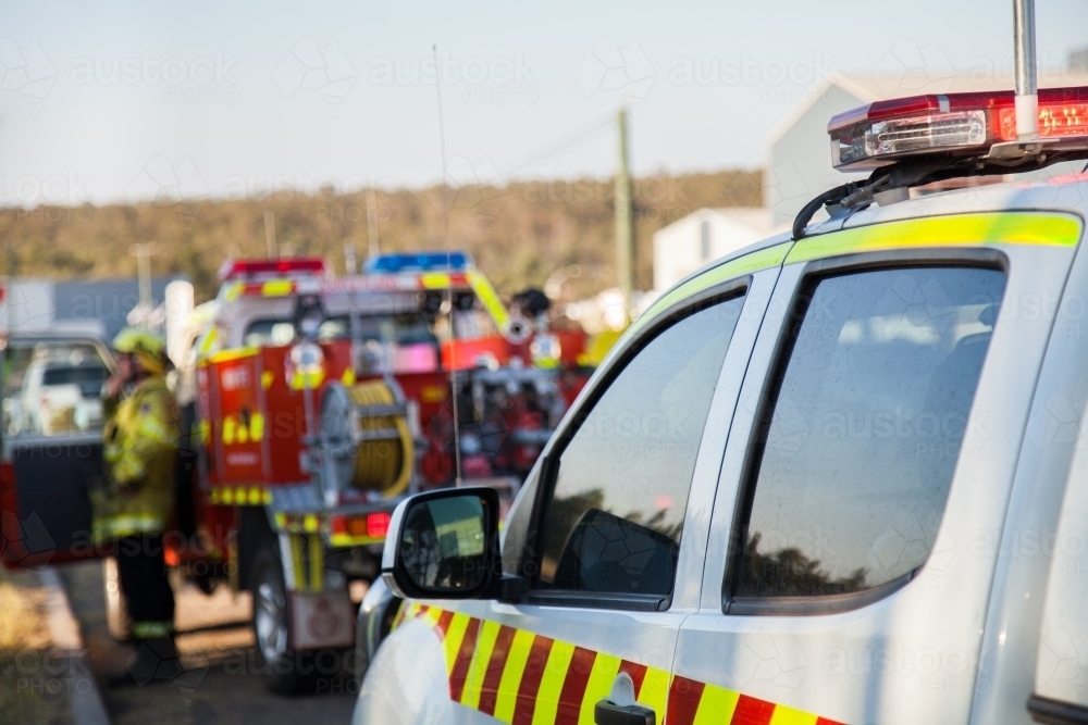Fire service emergency vehicle with red and blue lights - Australian Stock Image