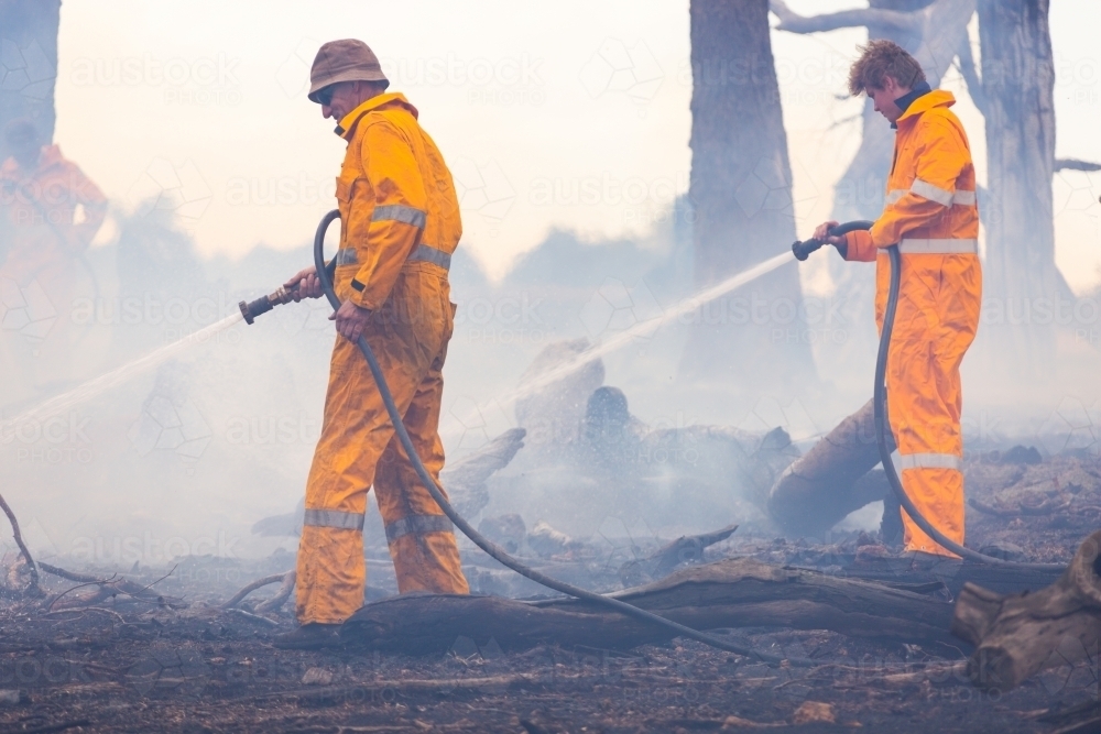 firefighters using hoses to spray water on burnt logs after a fire in smoke - Australian Stock Image