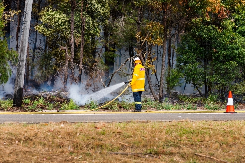fireman putting out bushfire - Australian Stock Image