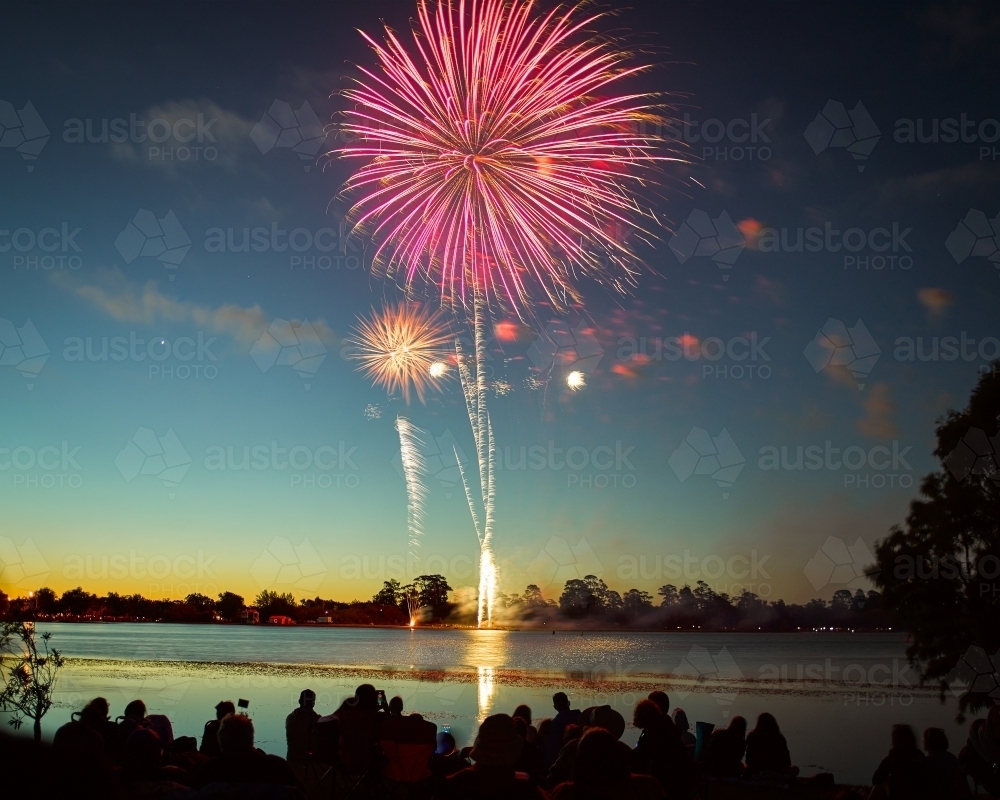 Fireworks by a lake on Australia Day - Australian Stock Image
