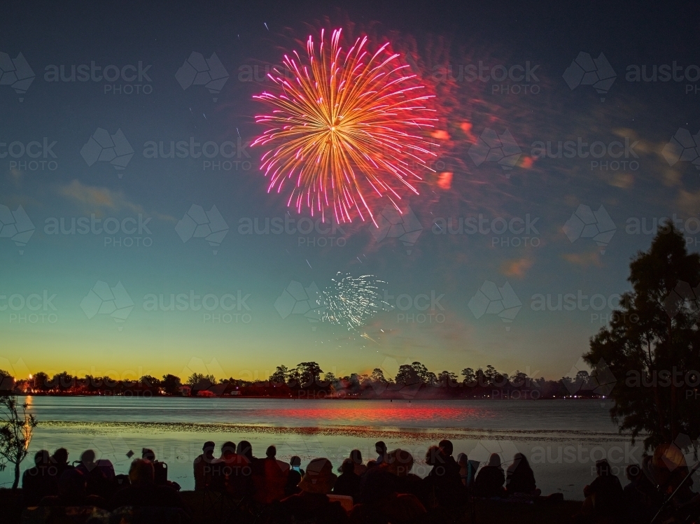 Fireworks by a lake on Australia Day - Australian Stock Image