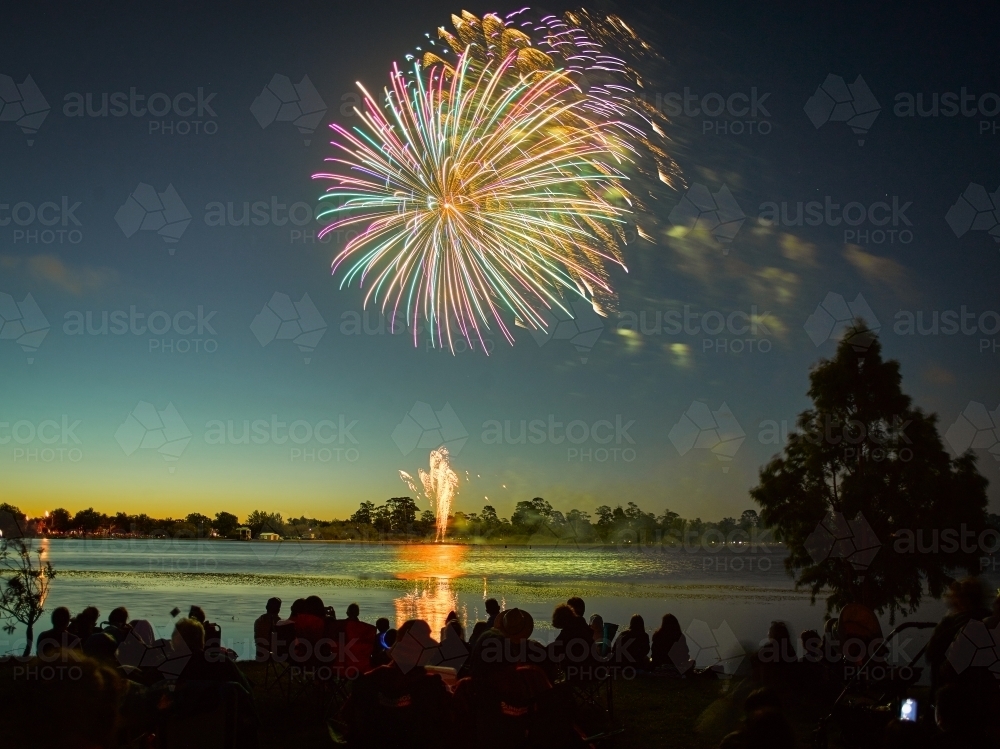 Fireworks over a lake on Australia Day - Australian Stock Image