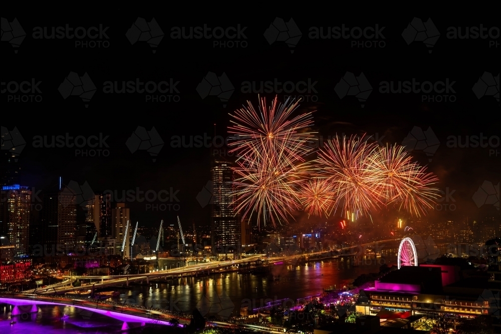 Fireworks over brisbane river - Australian Stock Image