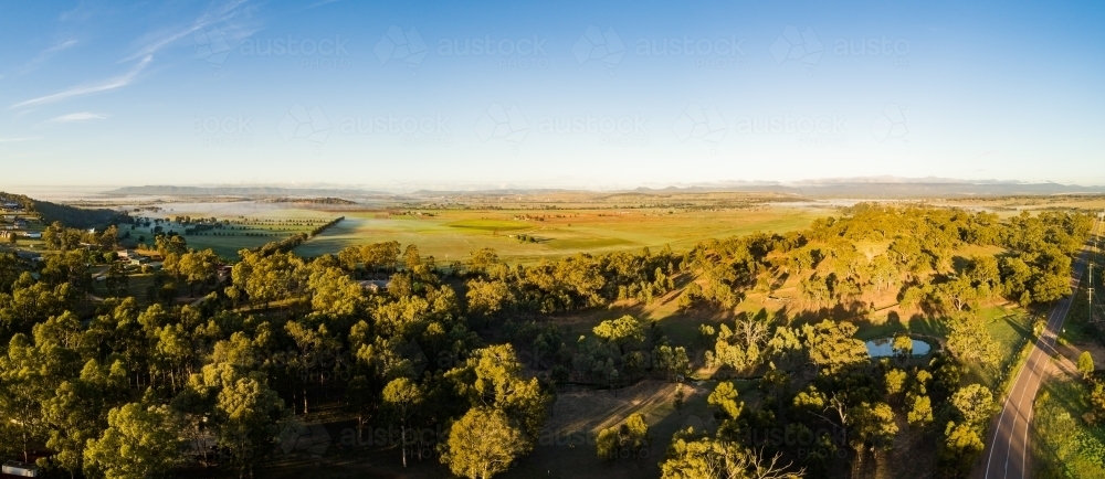 First light on tree tops of paddock and distant farmland - Australian Stock Image